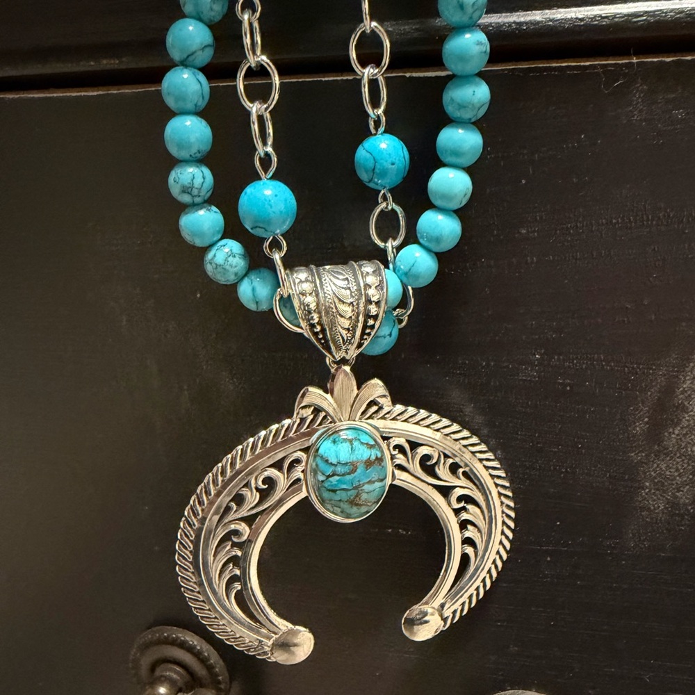 Montana Silversmiths Turquoise Bead Necklace Silver squash blossom earrings - Picture 2 of 8